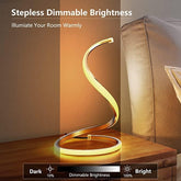 Dimmable LED strip light on a wooden surface with warm glow and text about stepless dimmable brightness.